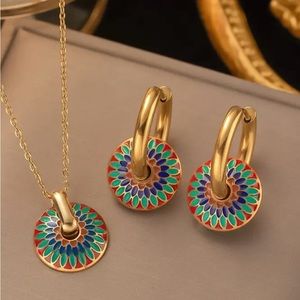 💥3pcs Golden Stainless Steel Retro Bohemian Painted Daisy Pattern High-end Set